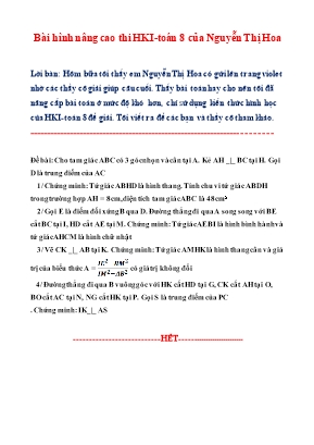 Bài hình nâng cao thi học kỳ I môn Toán 8 - Nguyễn Thị Hoa